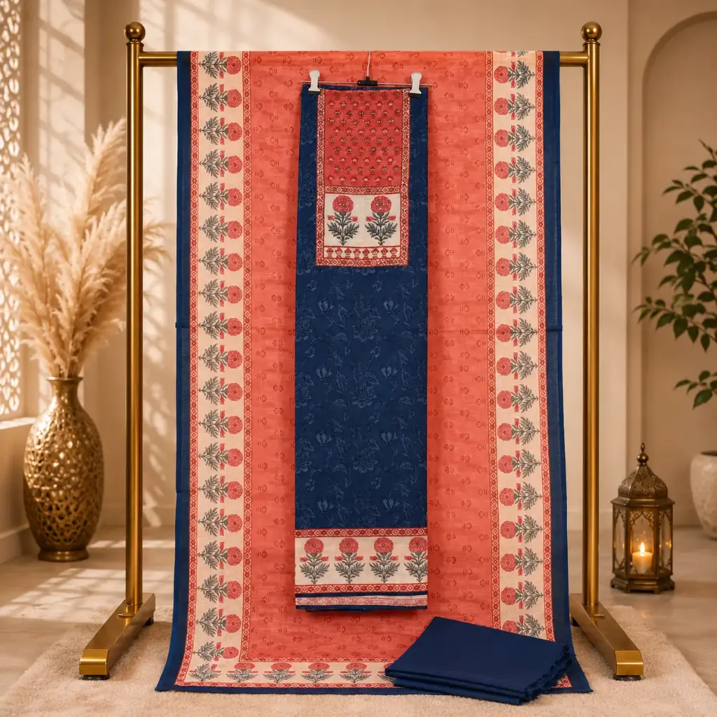 Women’s Coral Pink n Navy Floral Printed Unstitched Dress Material Set with Coordinated Dupatta