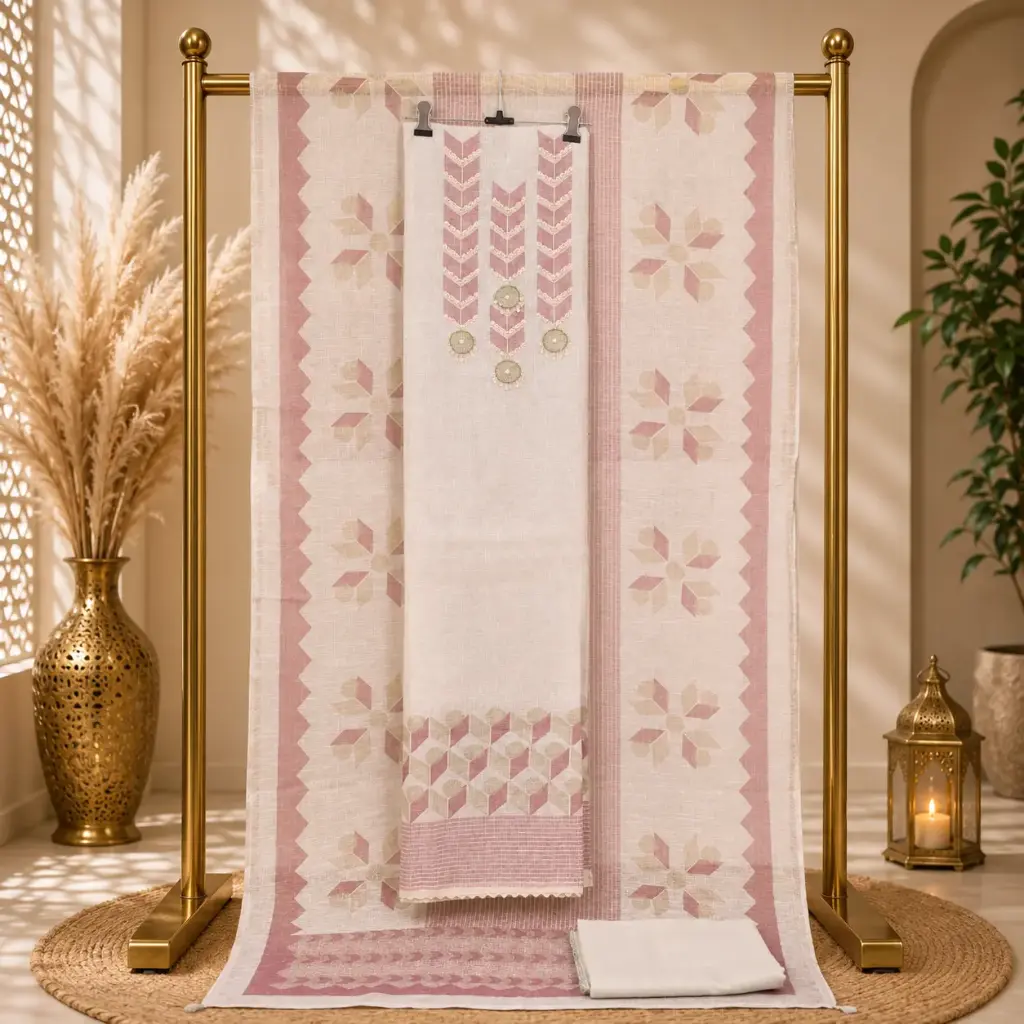 Dusty Rose Embroidered Linen Blend Unstitched Suit Material 