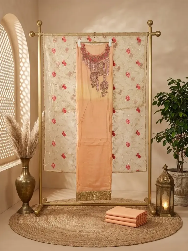 Peach Hand Embroidered Unstitched Silk Suit Material with Embroidered Dupatta 