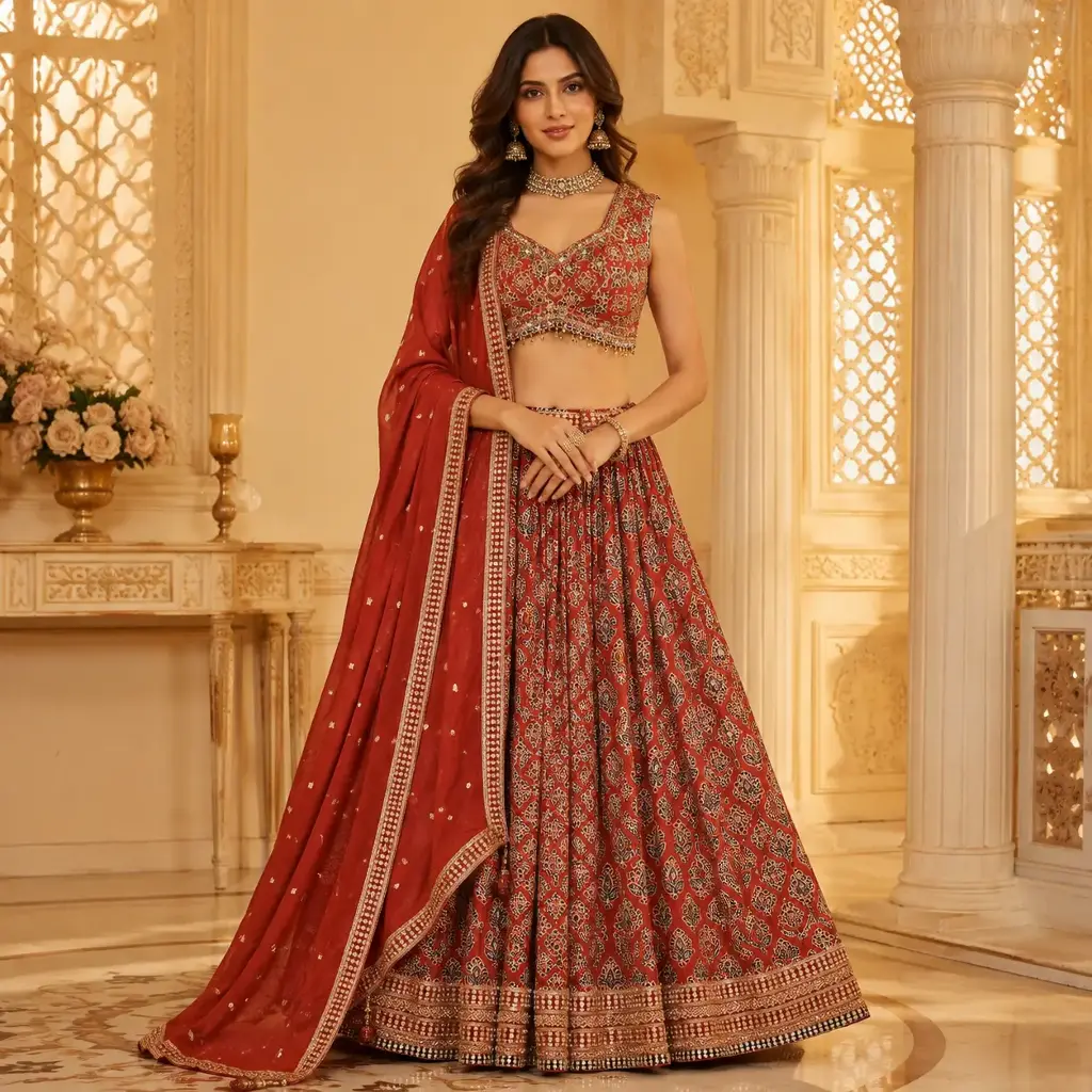 Women's Rust Red Printed Lehenga Choli with Embroidered Blouse and Matching Dupatta