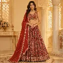 Women's Rust Red Printed Lehenga Choli with Embroidered Blouse and Matching Dupatta