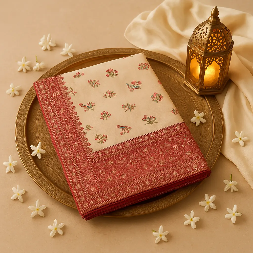 Elegant Peach Silk Saree With Intricate Multi-Colored Floral Embroidery