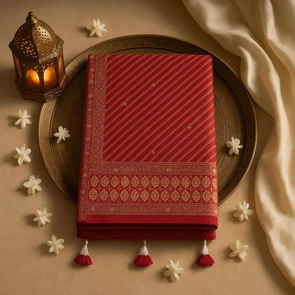 Red Bandhani Designer Saree with Zari Mirror Work Border