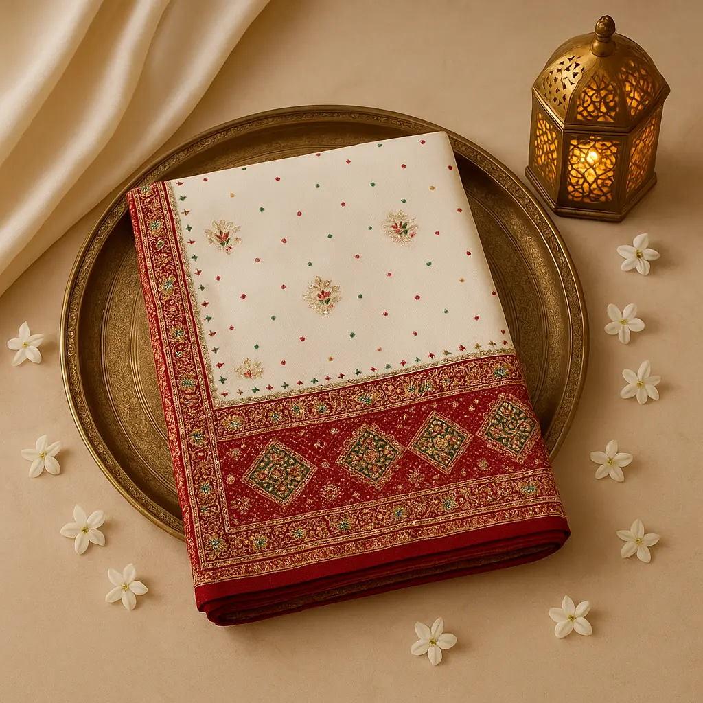 Elegant Embroidered Off-White Saree with Rich Red Border