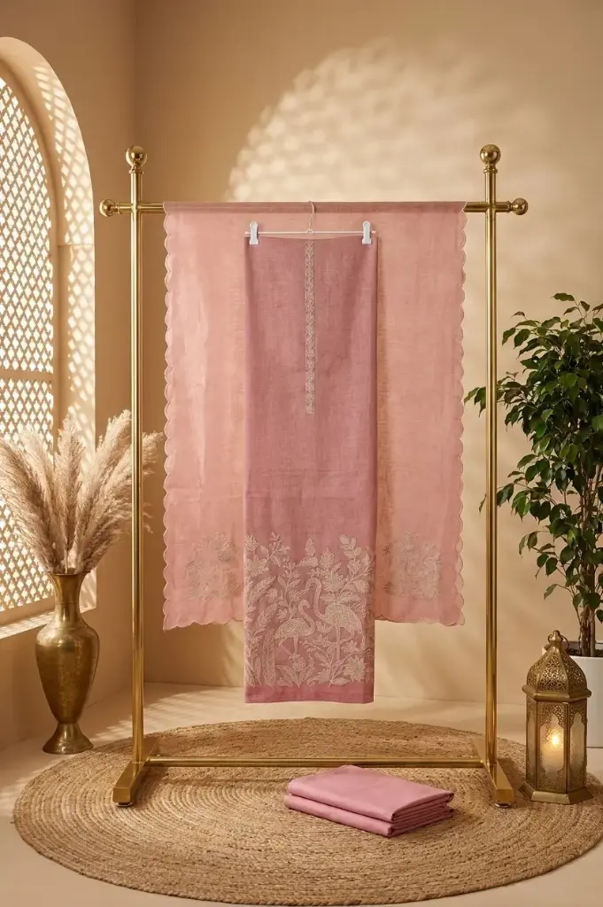 Dusty Pink Linen Silk Embroidered Unstitched Suit Material