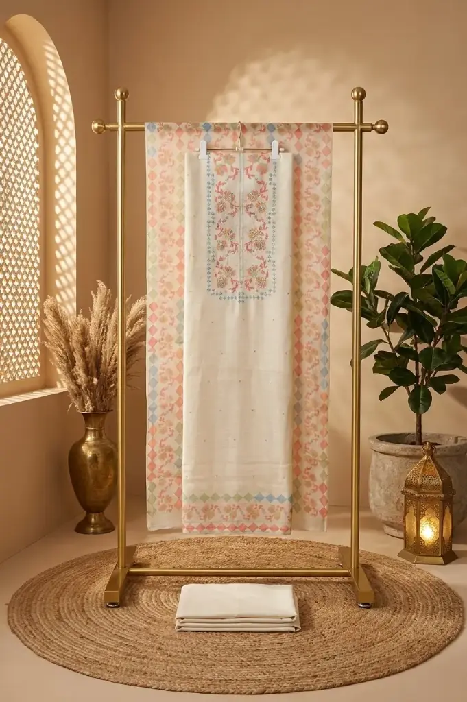 Cream Handloom Silk Unstitched Suit Material with Printed Dupatta
