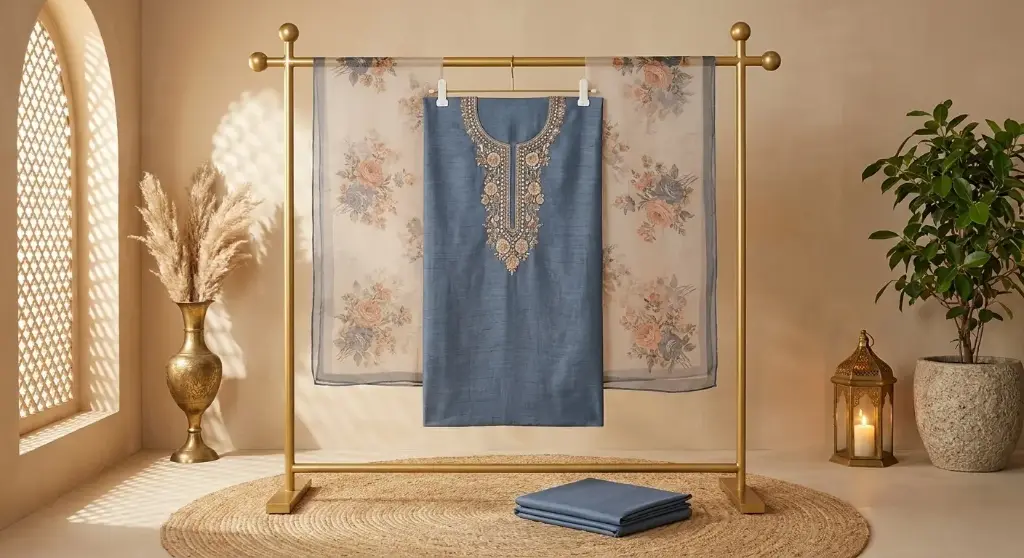 Steel Blue Embroidered Silk Unstitched Dress Material Suit Set