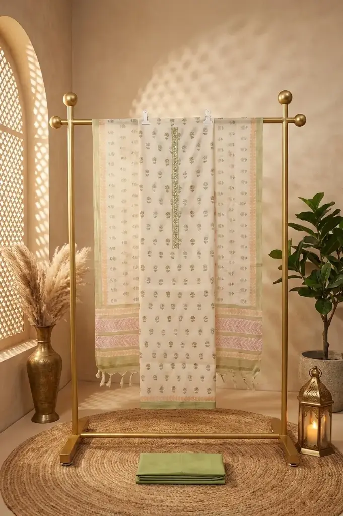 Ivory Handloom Silk Embroidered Unstitched Suit Material Set