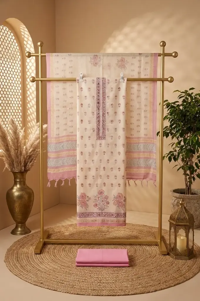 Cream and Blush Pink Floral Unstitched Silk Suit Material