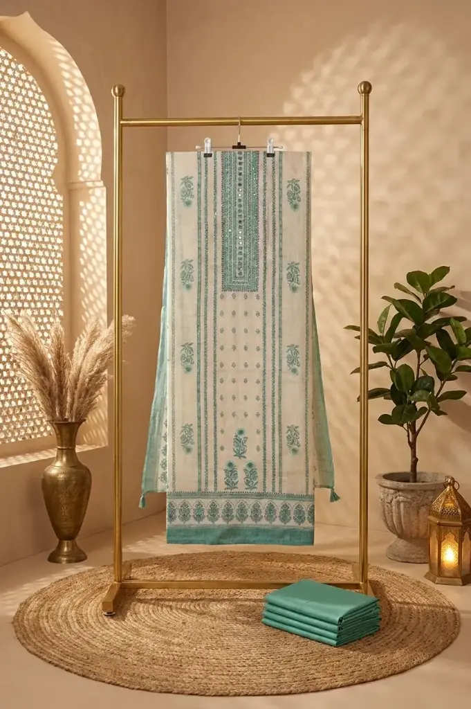 Cream and Mint Green Handloom Silk Unstitched Suit Material