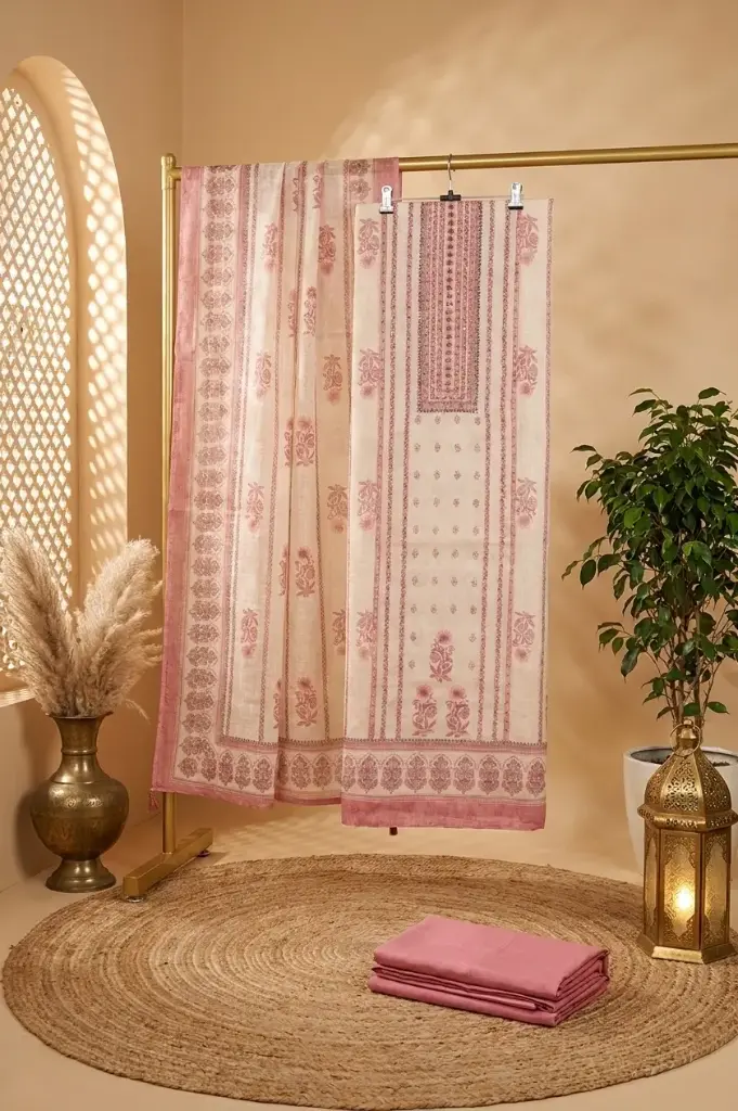 Pastel Cream n Pink Printed Silk Unstitched Suit Material