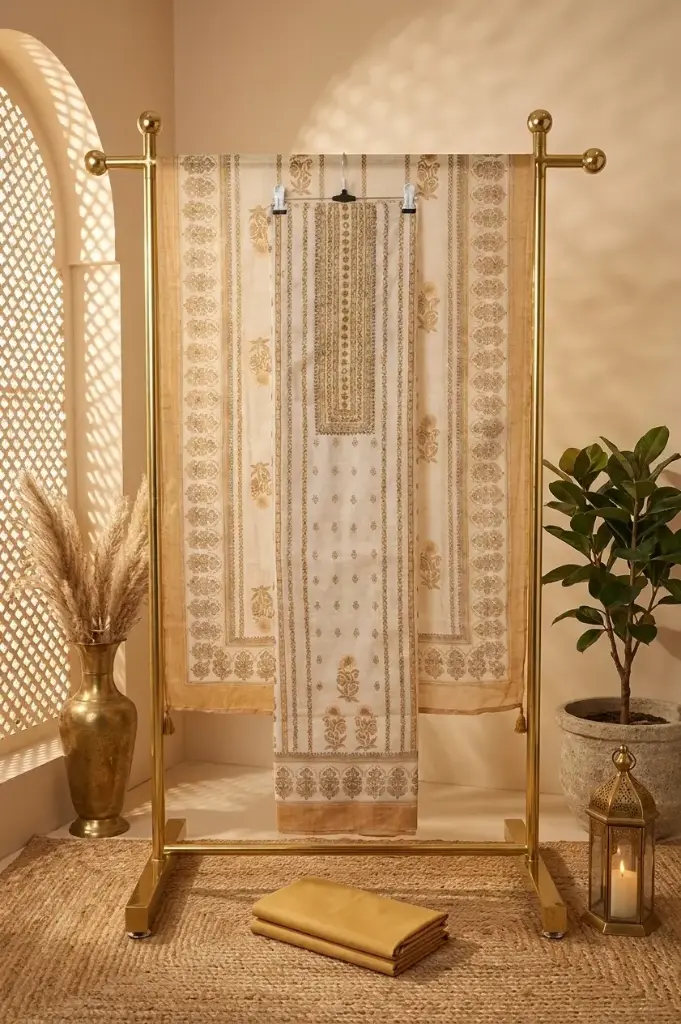 Cream and Gold Embroidered Silk Unstitched Suit Material Set
