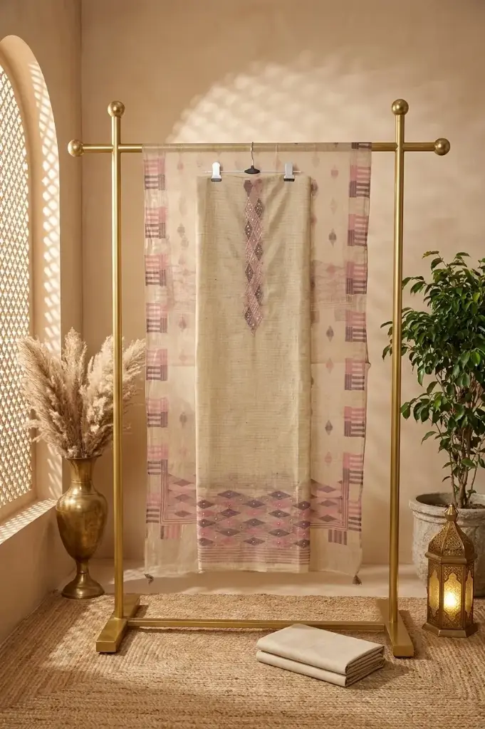 Beige Handloom Silk Unstitched Suit Set with Embroidered Placket