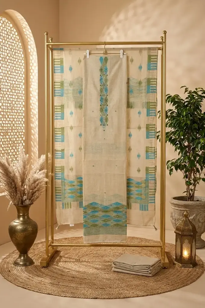 Beige Handloom Silk Unstitched Suit Material with Geometric Weave