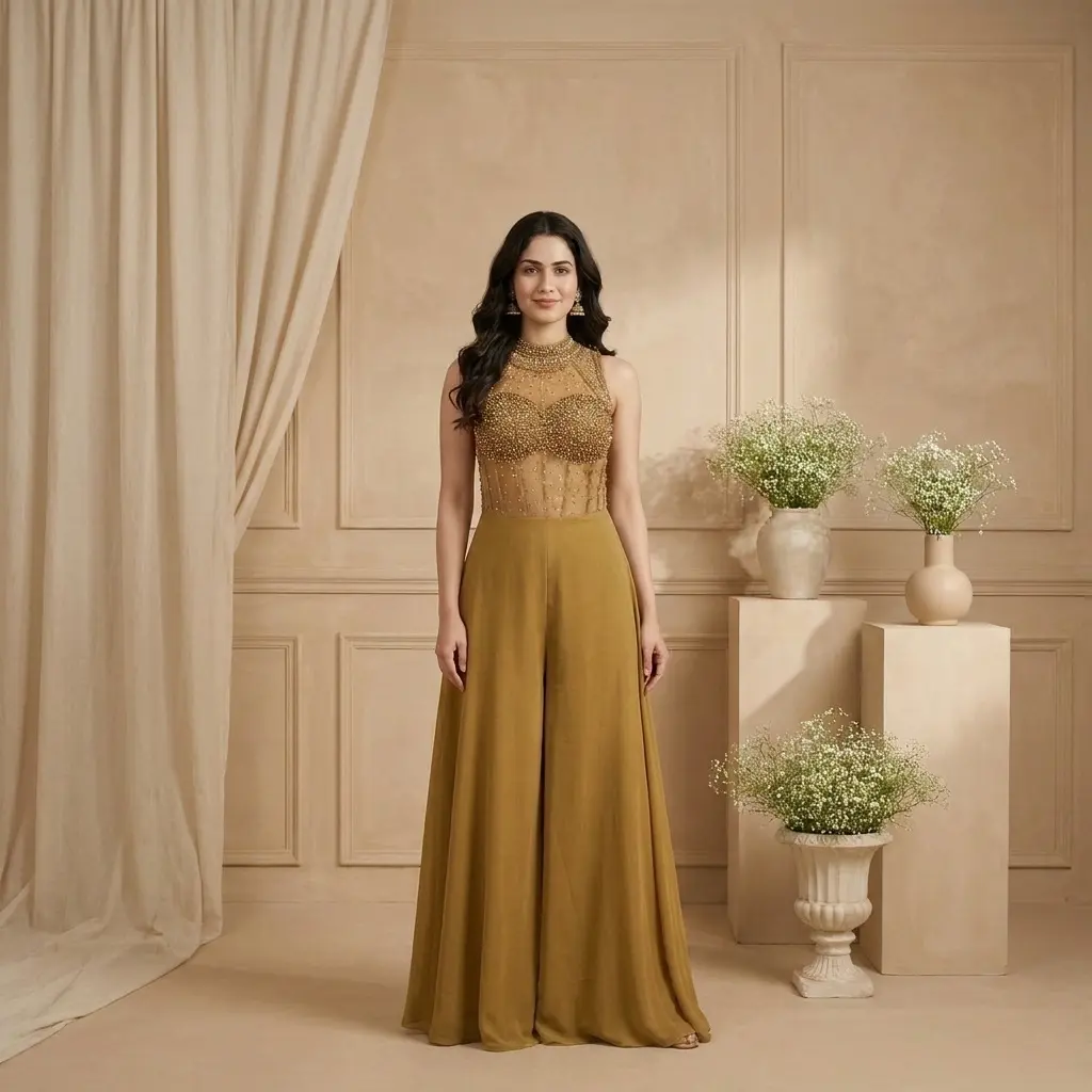 Golden Ochre Embellished Corset Bustier Flared Indo-Western Jumpsuit