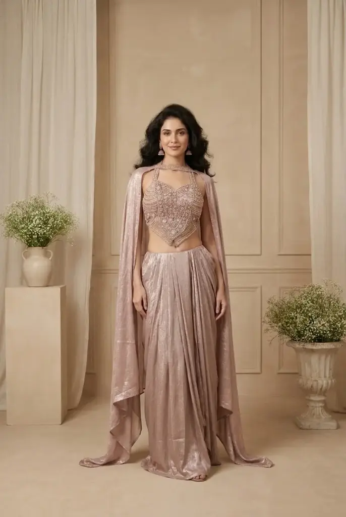 Dusty Pink Metallic Shimmer Indo-Western Draped Skirt Cape Set