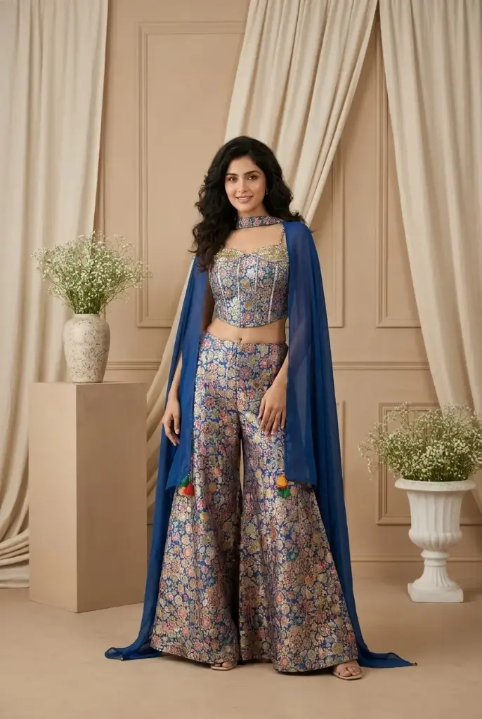Royal Blue Banarasi Brocade Corset Crop Top Sharara Set