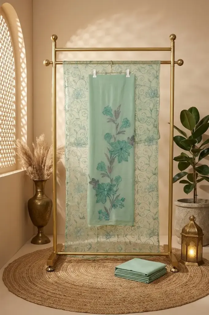 Mint Green Embroidered Organza Unstitched Dress Material Suit Set 