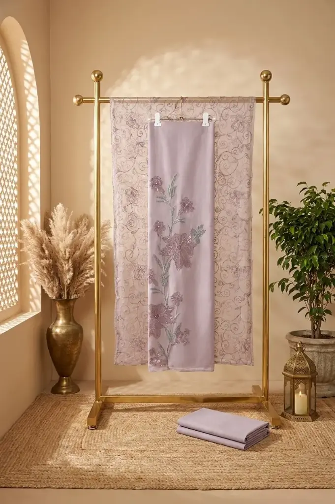 Pastel Lilac Embroidered Semi-Sheer Unstitched Dress Material Suit