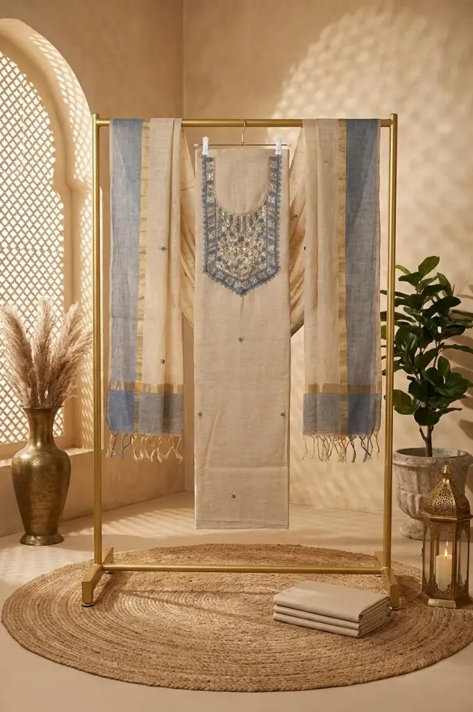 Beige Handloom Silk Embroidered Unstitched Suit Material