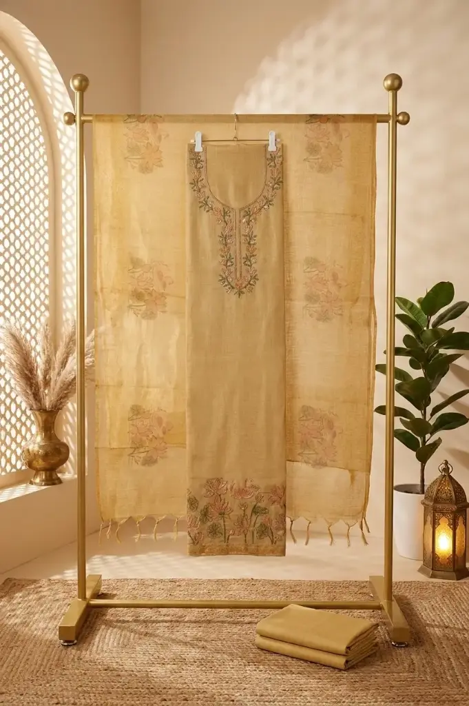 Beige Handloom Silk Embroidered Unstitched Dress Material Suit Set