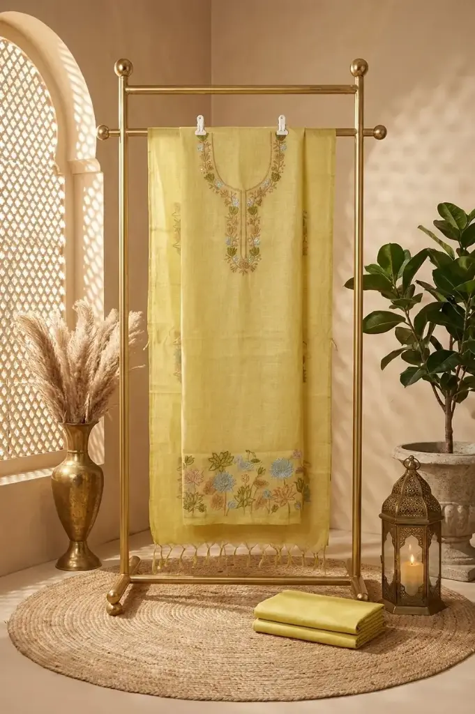 Pastel Yellow Embroidered Linen Unstitched Dress Material Suit Set