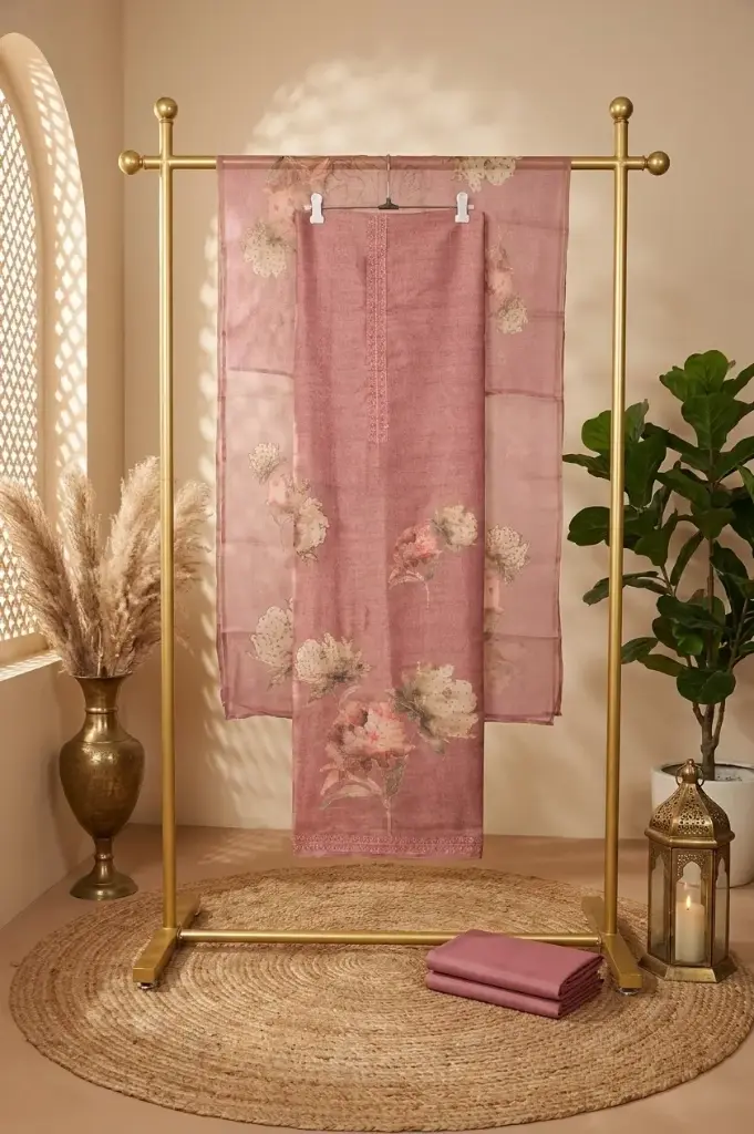 Designer Rose Pink Unstitched Chanderi Salwar Suit Material