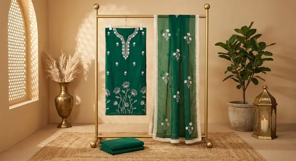 Emerald Green Chanderi Silk Embroidered Unstitched Suit Material