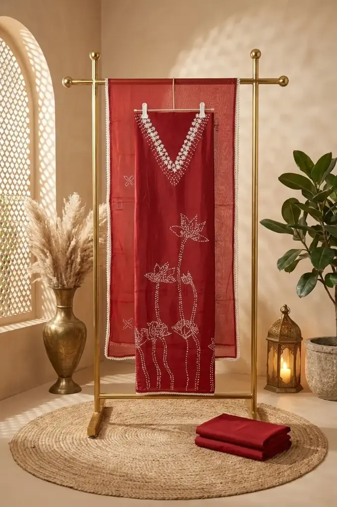 Crimson Red Embroidered Unstitched Chanderi Suit Material Set