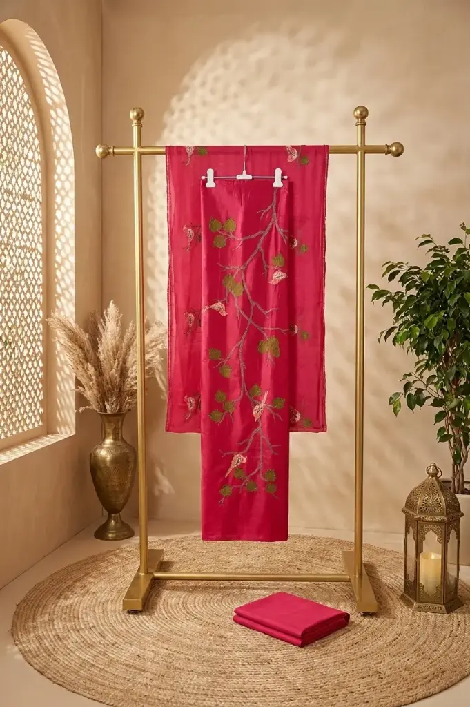Rani Pink Embroidered Silk Unstitched Suit Material Set
