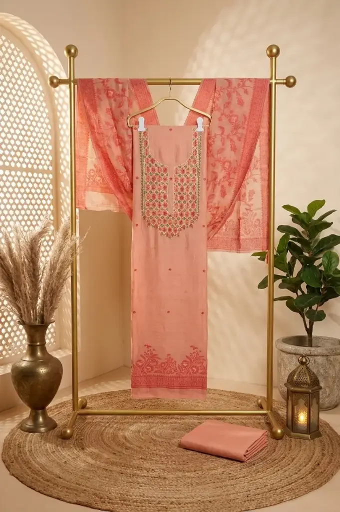 Peach Chanderi Silk Embroidered Unstitched Salwar Suit Material