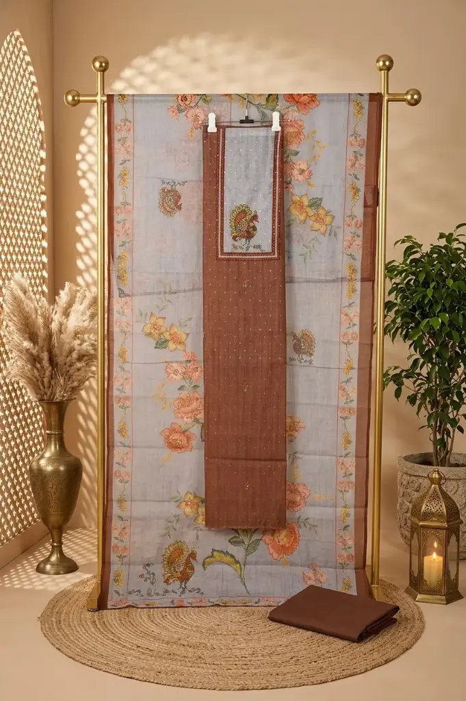 Rust Brown and Grey Kalamkari Peacock Embroidered Unstitched Suit