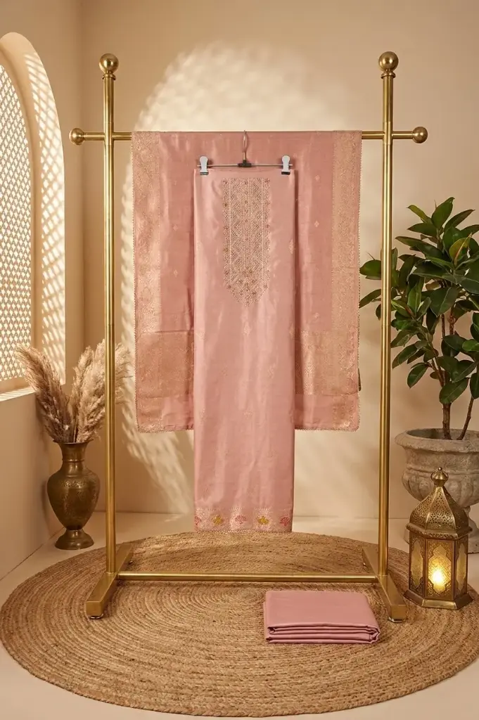 Blush Pink Handloom Silk Unstitched Suit Material with Dupatta