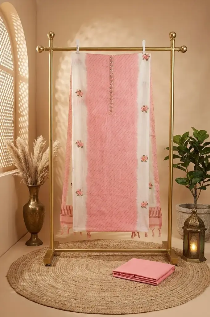 Pastel Pink Embroidered Unstitched Chanderi Cotton Suit Material