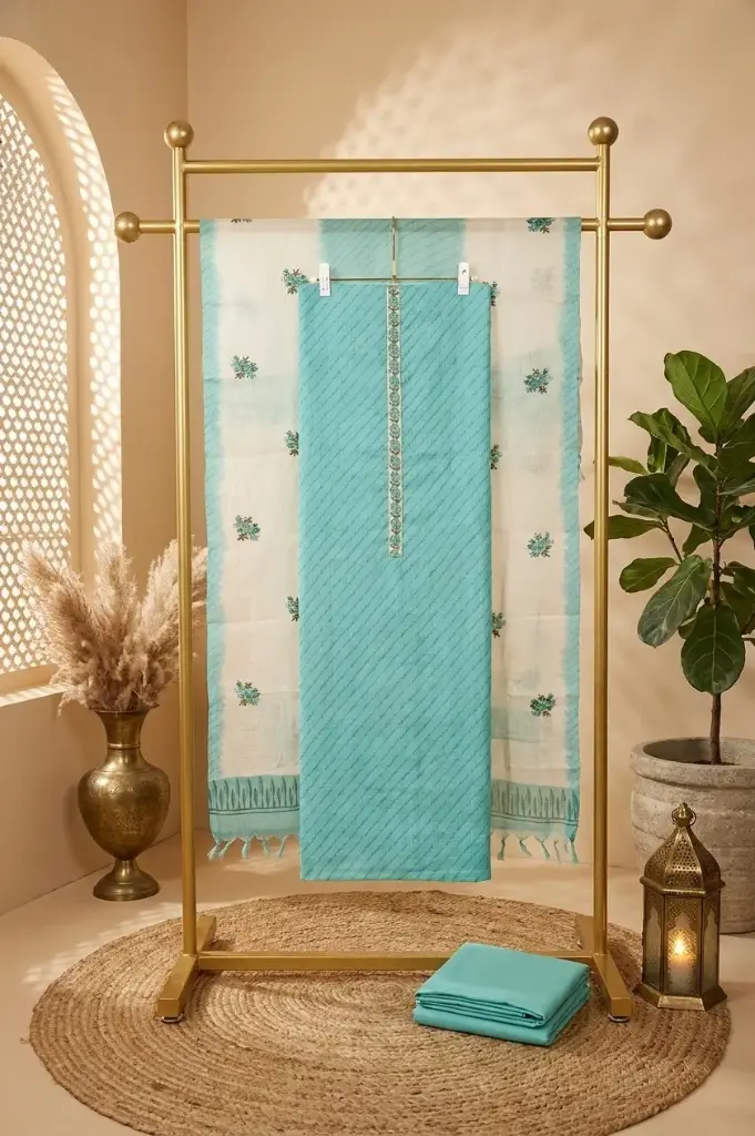Aqua Blue n Cream Embroidered Unstitched Dress Material Suit