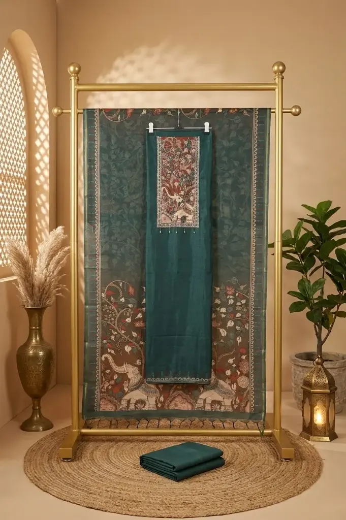 Kalamkari Printed Teal Green Unstitched Silk Suit Material Set