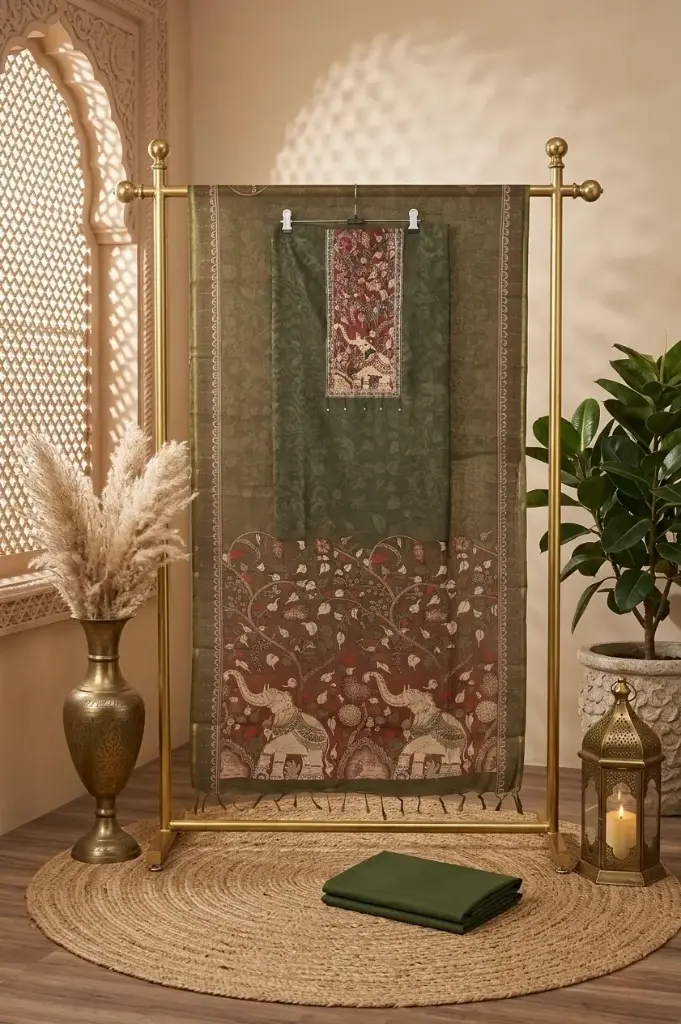 Olive Green Kalamkari Handcrafted Unstitched Silk Suit Material Set