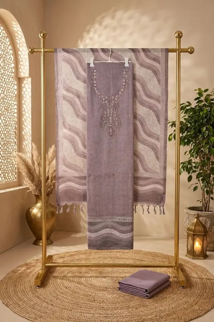 Dusty Mauve Embroidered Linen Silk Unstitched Suit Material
