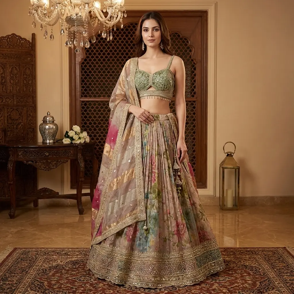 Blush Taupe Floral Organza Designer Lehenga Choli Set