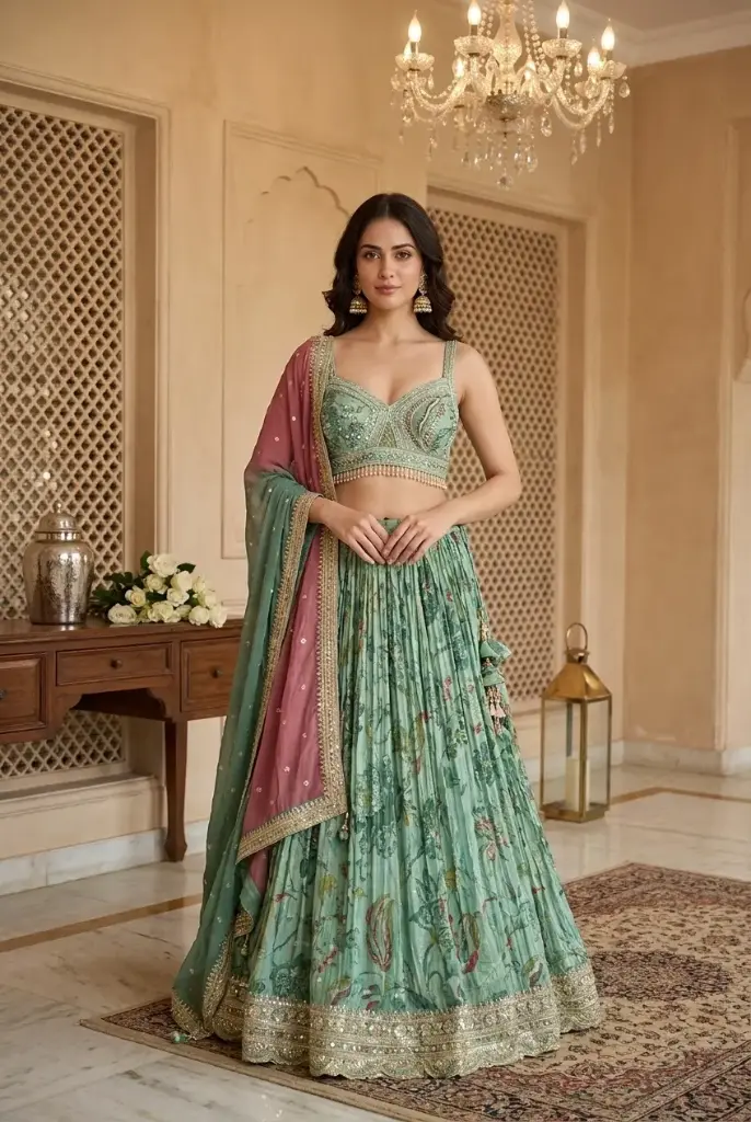Sea Green Printed Chinon Lehenga Set with Embellished Blouse