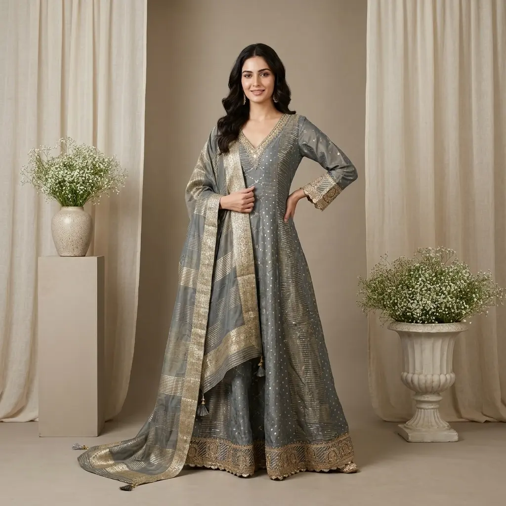 Slate Grey Banarasi Woven Anarkali Gown Set with Dupatta