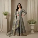 Slate Grey Banarasi Woven Anarkali Gown Set with Dupatta