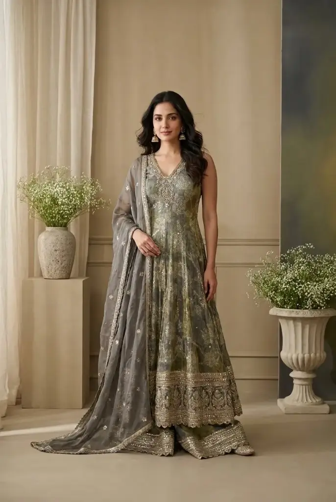 Olive Grey Printed Silk Anarkali Gown with Embroidered Dupatta