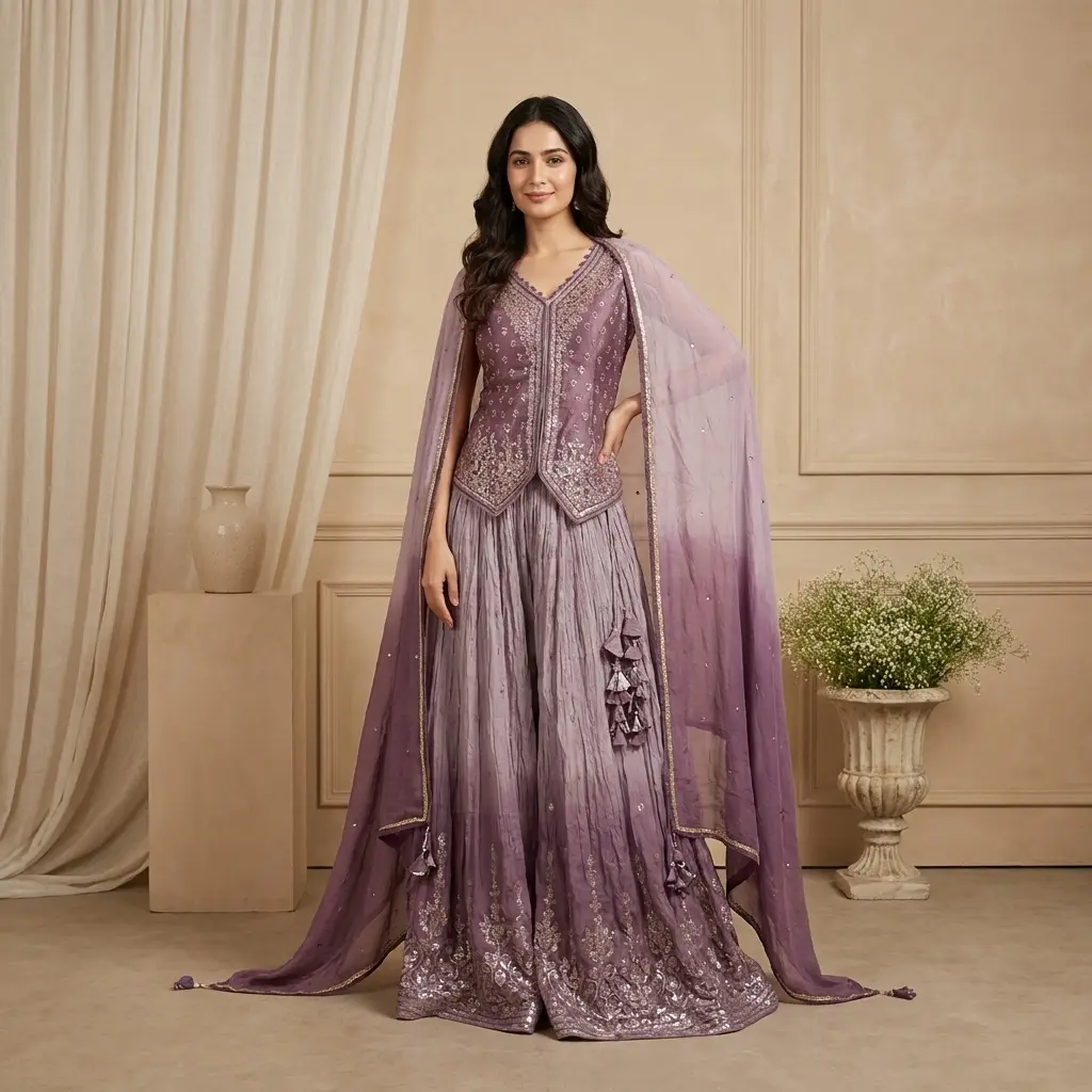 Mauve Embroidered Crop Top Sharara Set with Dupatta