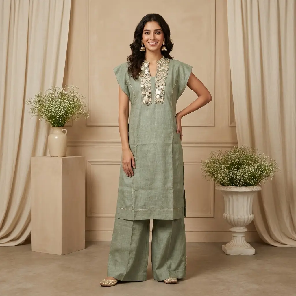 Sage Green Embellished Indo-Western Tunic and Trouser Set