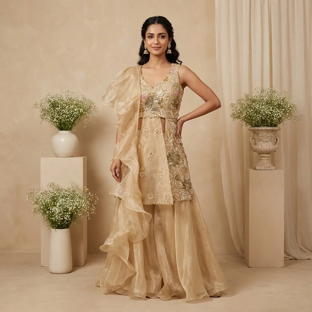 Champagne Gold Hand-Embroidered Organza Indo-Western Sharara Set