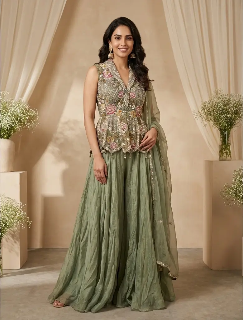 Sage Green Hand-Embroidered Peplum Top with Flared Lehenga Skirt