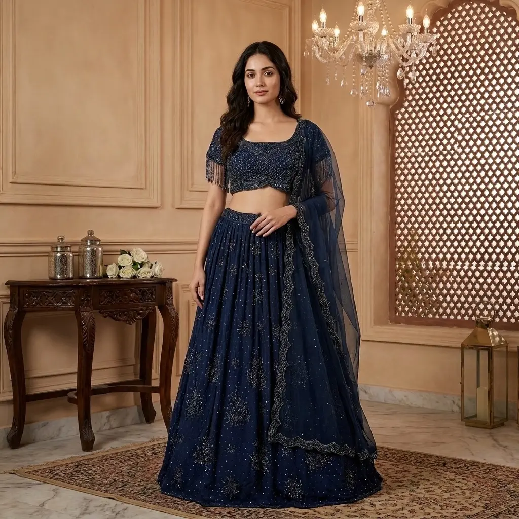 Midnight Blue Cutdana n Sequin Embroidered Designer Lehenga Set