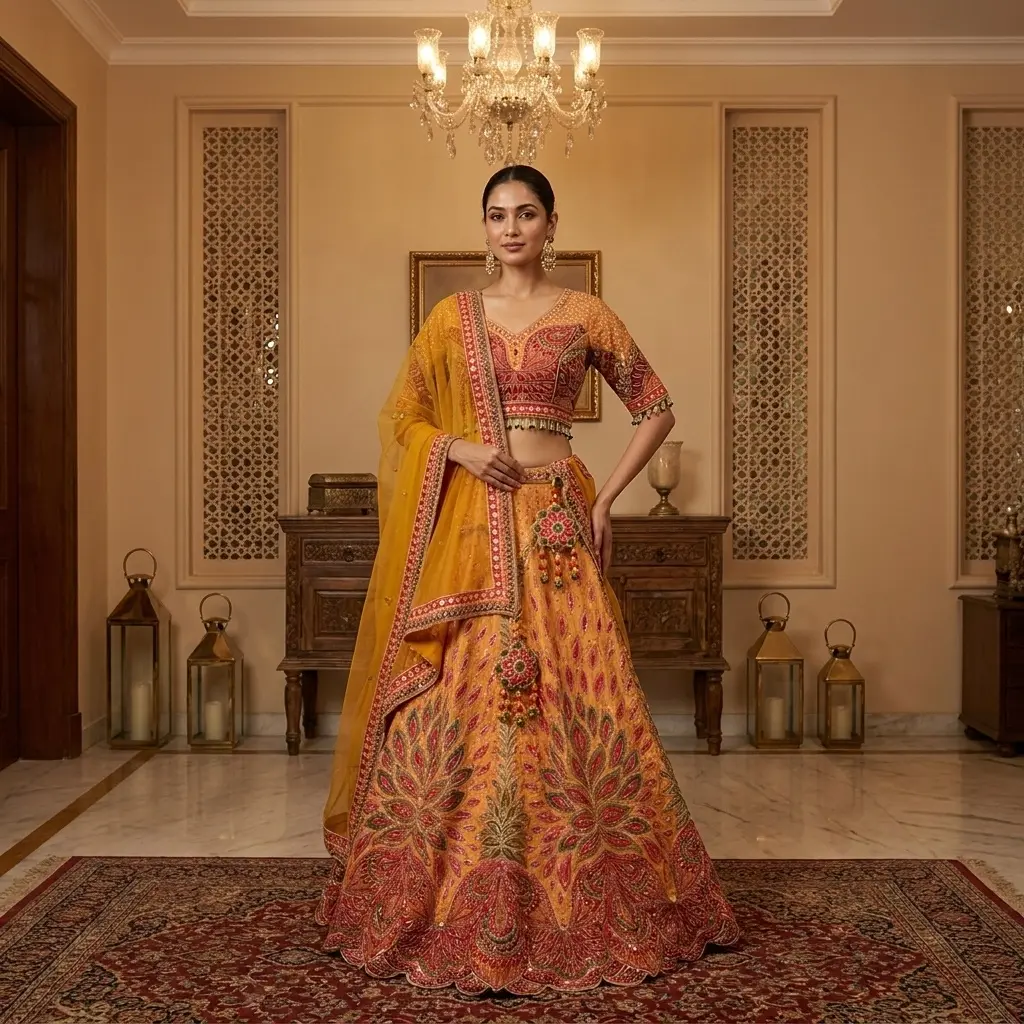 Mustard Yellow Silk Embroidered Bridal Lehenga Choli Set