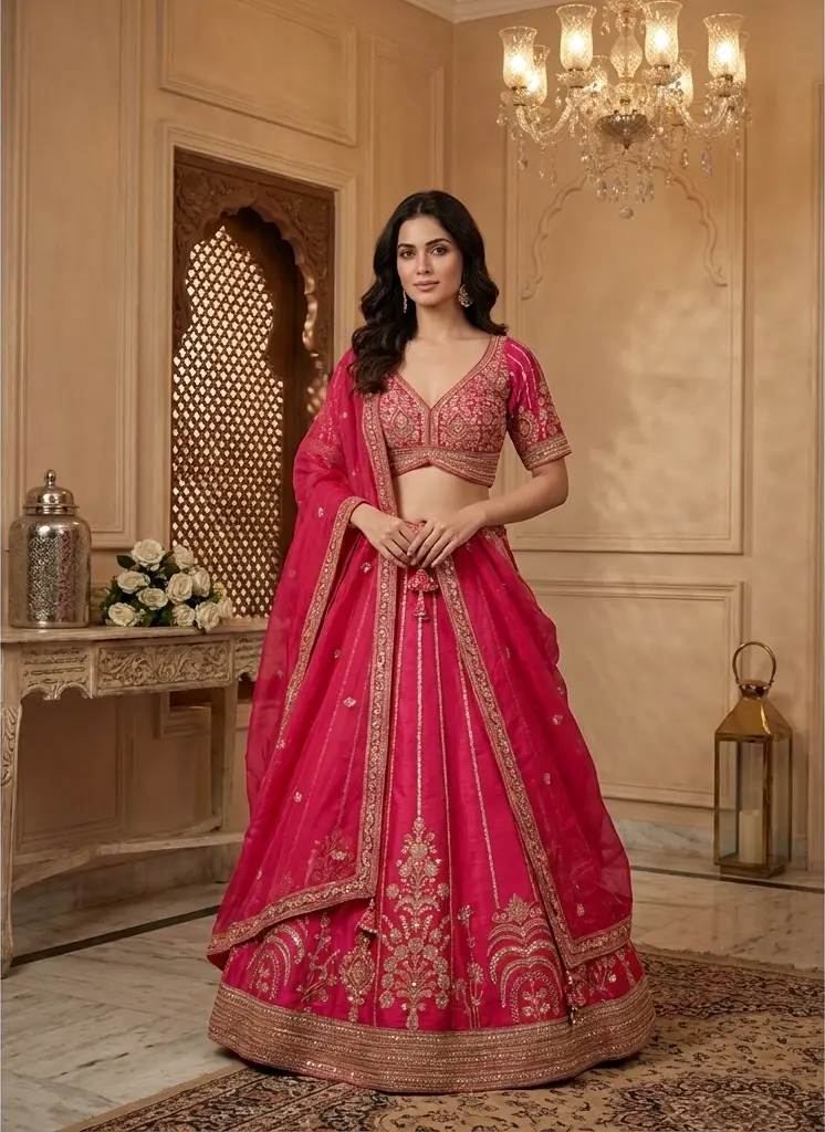 Rani Pink Raw Silk Embroidered Bridal Lehenga Choli Set